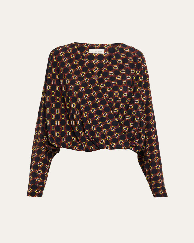 Camiel Printed Silk Long-Sleeve Wrap Top